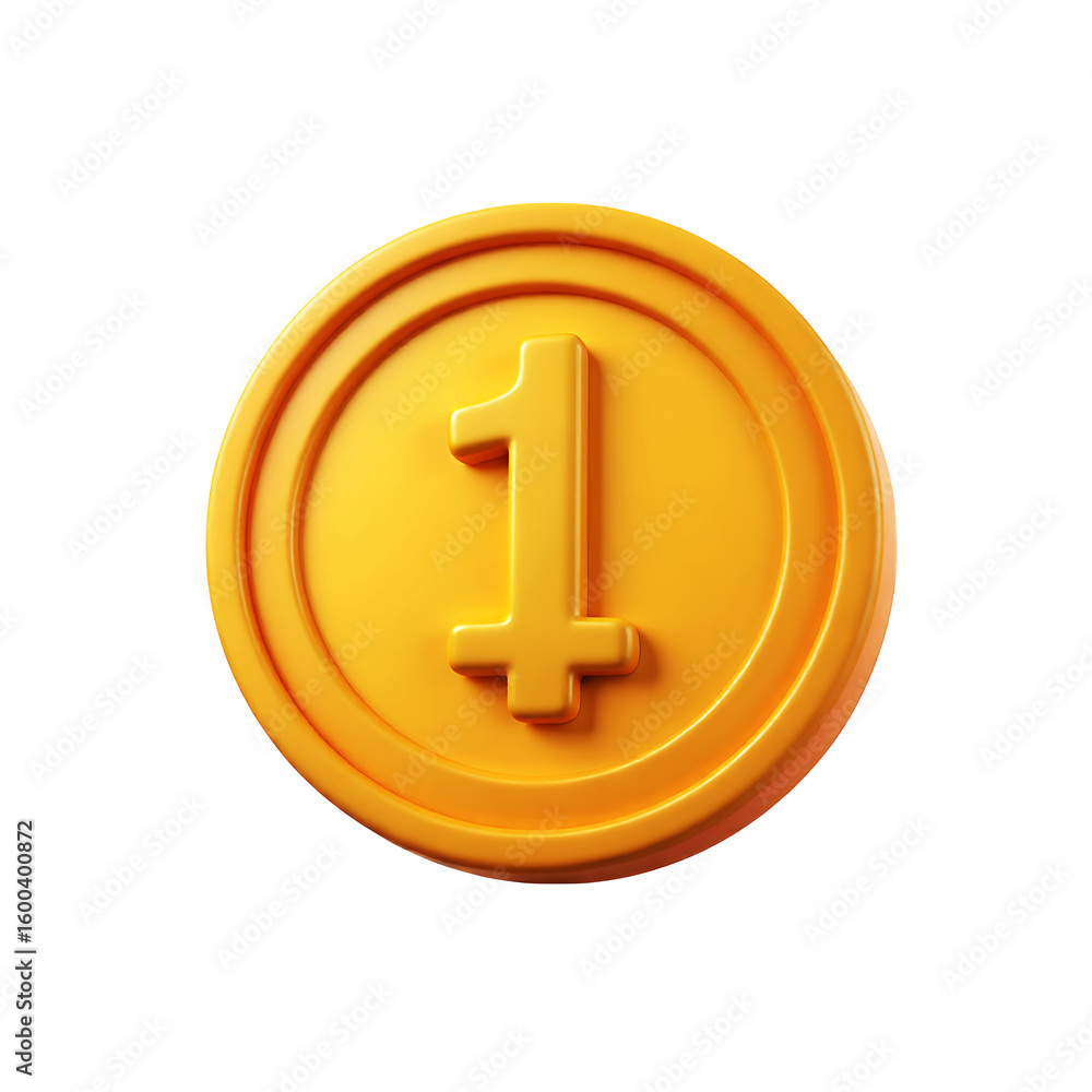 Aufkleber a single golden coin with the number one on it centered view on transparent background