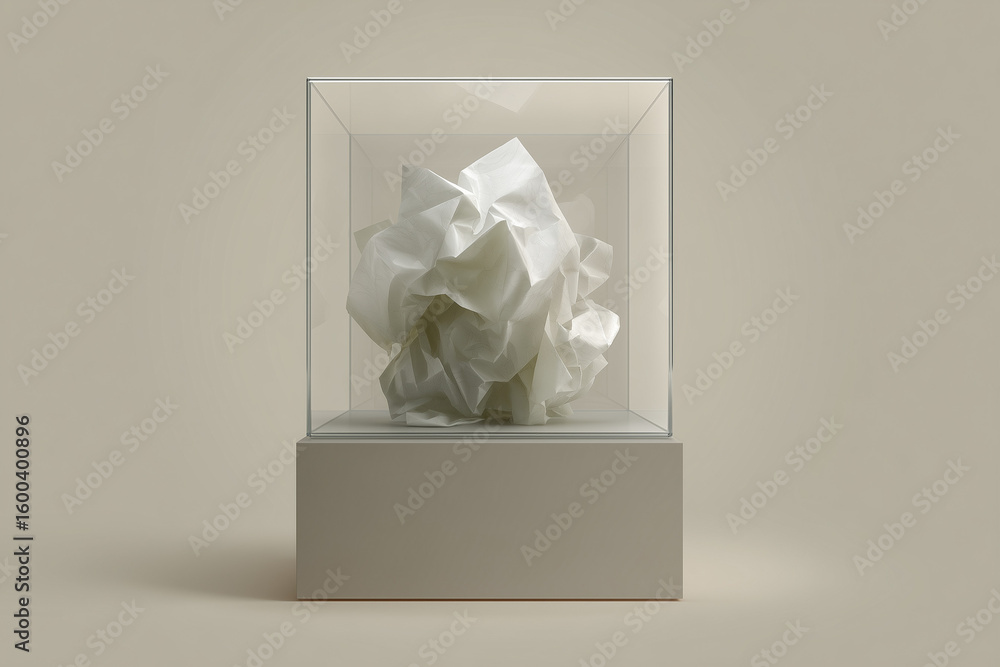 Poster 3d minimalist crumpled paper trapped inside a transparent cube symbolic of suppressed expression or 