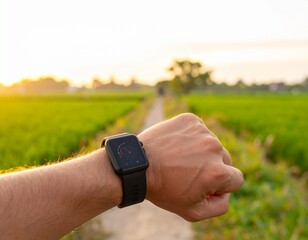 lose-up of a man using a smartwatch to track health metrics while jogging in rice fields. Wearable technology and fitness