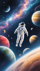 Astronaut floating in the galaxy with planets in the background, Cosmonautics Day