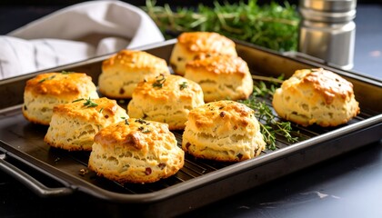 Fototapeta premium Golden, fresh scones on a baking sheet