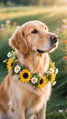 Portrait of golden retriever with flowers, warm natural tones