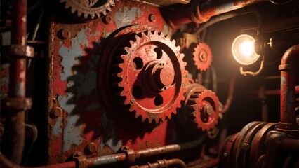 Old mechanical gear device, combined with industrial elements, showcasing industrial retro aesthetics and mechanical structure.