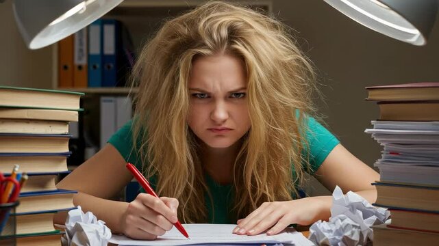 Angry female student with messy hair studying late at night. Stressed young woman cramming for an exam, surrounded by books and crumpled paper.