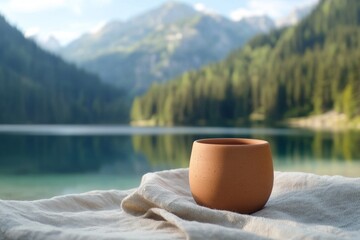 Fototapeta premium Terracotta cup rests on a linen cloth by a lake.
