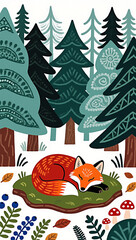 Illustration of fox curled up in forest, folk art style
