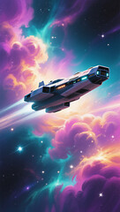 Phone screensaver Digital painting of spaceship traveling through colorful nebula