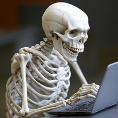 A human skeleton using a computer laptop and keyboard