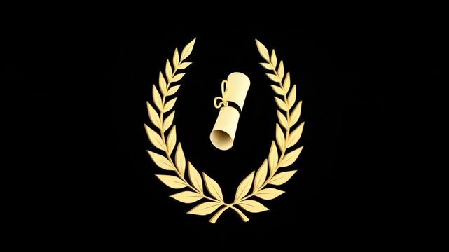 Golden laurel wreath with diploma slowly rotating 180 degrees on black background &mdash; symbol of honor, award and academic achievement