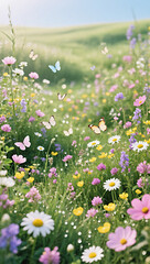vertical Spring meadow with wildflowers and butterflies, light pastel tones