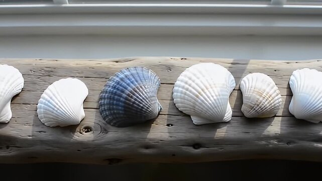 Seashells displayed on driftwood, lit by window light; marine still life