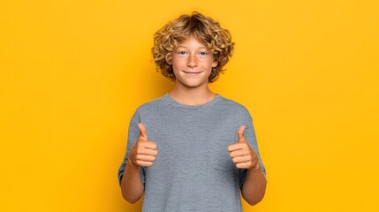 Young person with curly hair gives a thumbs up against a yellow background.