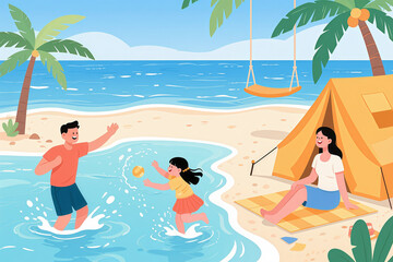 Illustrations of a family of three camping and playing in the water on the beach in summer