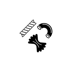 Vector icon featuring three classic pasta shapes: fusilli, farfalle, and macaroni