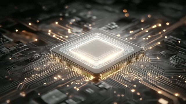Quantum Processor Chip Installation in Terminal with Glowing Circuits - Powered by Adobe