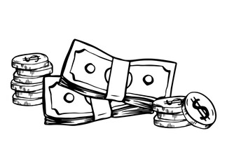Money doodle drawing, stacks of bills and coins, sketch vector illustration, outline, isolated, black and white