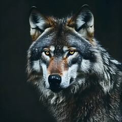 Unflinching close-up of a powerful wolf's face, a silent guardian of the wild, radiating strength and untold stories.