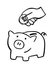 Piggy bank doodle drawing, saving money vector illustration, a hand with a coin, moneybox, outline illustration, isolated