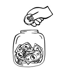 Money jar and hand with coin doodle drawing, saving money, moneybox vector illustration, donation, outline, isolated