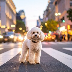 Fluffy white poodle standing confidently on urban city crosswalk at dusk with colorful bokeh lights and traffic background