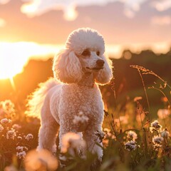 Elegant white poodle standing in wildflower meadow during sunset with golden hour lighting and soft natural background