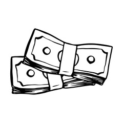 Stack of bills, money stacks doodle drawing, sketch vector illustration, black line on a white background, isolated