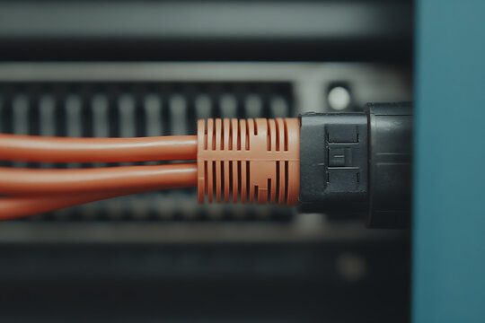 Close-up of an orange connector, a part of network infrastructure. Cables, connectors and patch panel in an it infrastructure equipment.