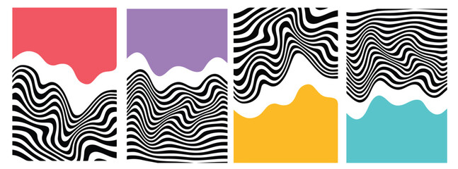 Modern Wavy Optical Illusion Posters &ndash; Bold Black and White Abstract Lines with Vibrant Color Blocks for Trendy Vector Backgrounds, Branding, and Creative Graphic Design