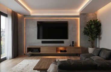 Modern living room features large television mounted on concrete wall with ambient lighting. Entertainment center with media consoles sits below. Plush sofa, wood coffee table create luxurious