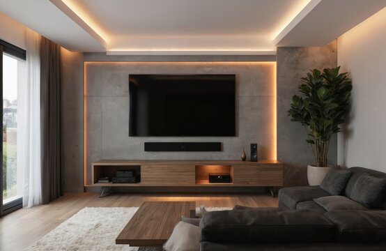Modern living room features large television mounted on concrete wall with ambient lighting. Entertainment center with media consoles sits below. Plush sofa, wood coffee table create luxurious