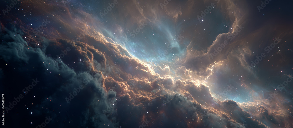 Poster a colorful frame with a star in the center and other stars surrounding it.a nebula in space, centere