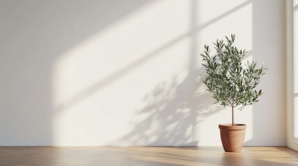 Serene Minimalist Interior: Olive Tree in Terracotta Pot, Sunlight Shadows on White Wall
