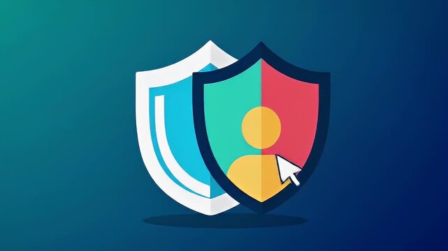 Two stylized shields, one with person icon, on blue gradient background, mouse pointer