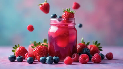 A berry cocktail with ice in a transparent jar sits on the countertop, surrounded by fresh blueberries, raspberries and strawberries