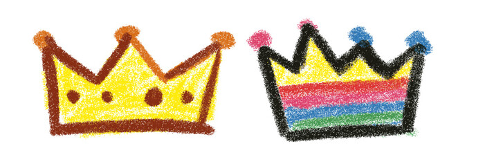
A simple crayon drawing of two crowns, one is yellow and the other has rainbow colors, with simple shapes, a kids' coloring book style, on a white background.