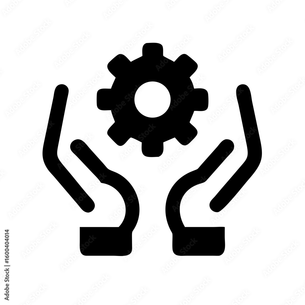 Poster gear mechanism in hands icon for engineering support maintenance and settings configuration manageme