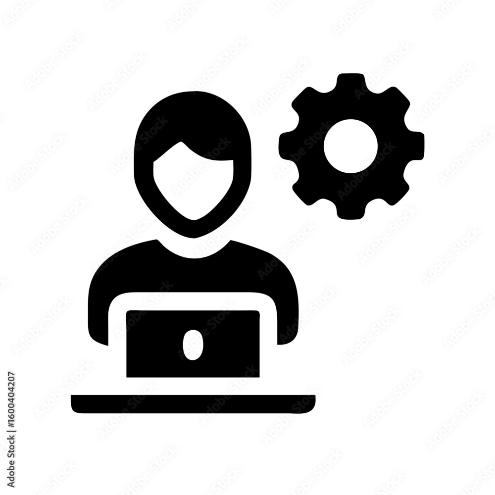 Poster technical support engineer working on laptop with gear icon for system configuration and maintenance