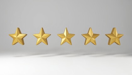Five shiny gold stars in row signify perfect five-star product rating customer review. Shiny gold stars indicate excellent quality, best valuation, successful product evaluation. High rating, best