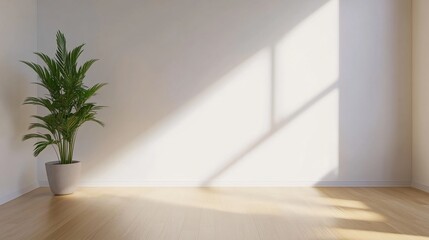 Fototapeta premium Serene Minimalist Interior: Sunlight Dappled Room with Palm Plant