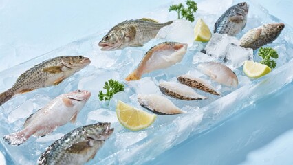 Assorted Fresh Fish Displayed on Ice with Garnishes