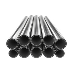Stack of steel pipes in realistic style. Stainless steel pipe for sewerage, water supply systems, industrial and construction. Industrial pipelines, isolated on transparent background
