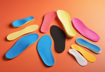 Collection of multi-colored shoe insoles on a bright orange background