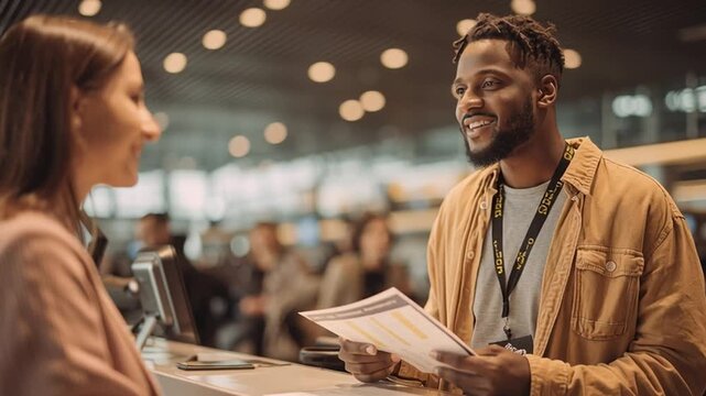Service Excellence: A young man provides excellent service to a customer at the front desk in a modern setting, displaying professionalism and hospitality.
