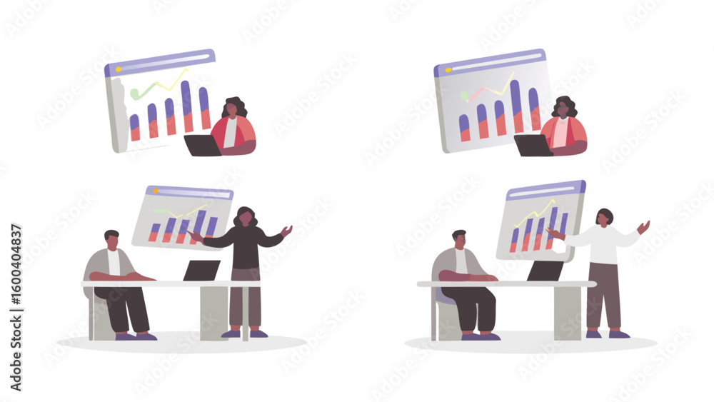 Poster people analyzing financial data and charts on screen in a business presentation setting is visible