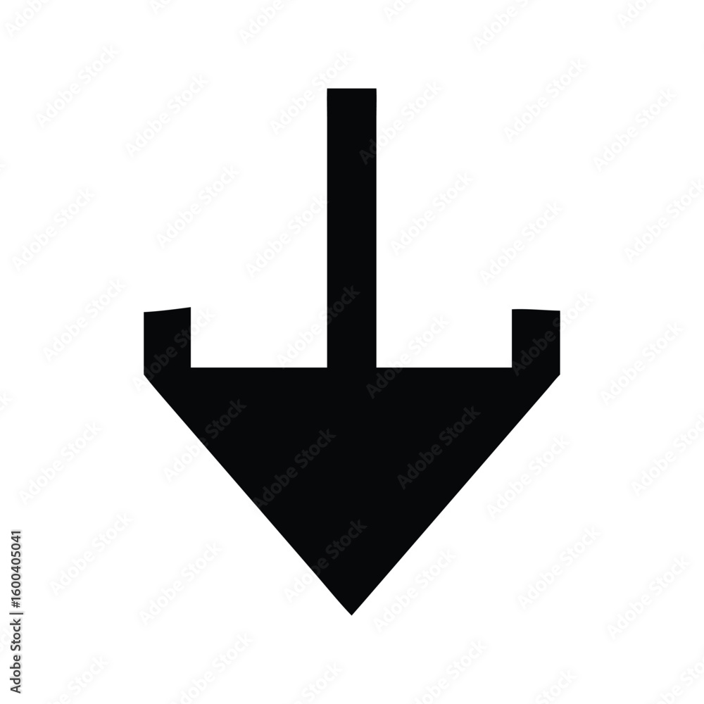 Poster bold black down arrow on white background signifying directional navigation