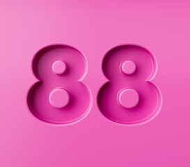 Vibrant pink number 88 Eighty eight embossed on a pink background, 3d illustration