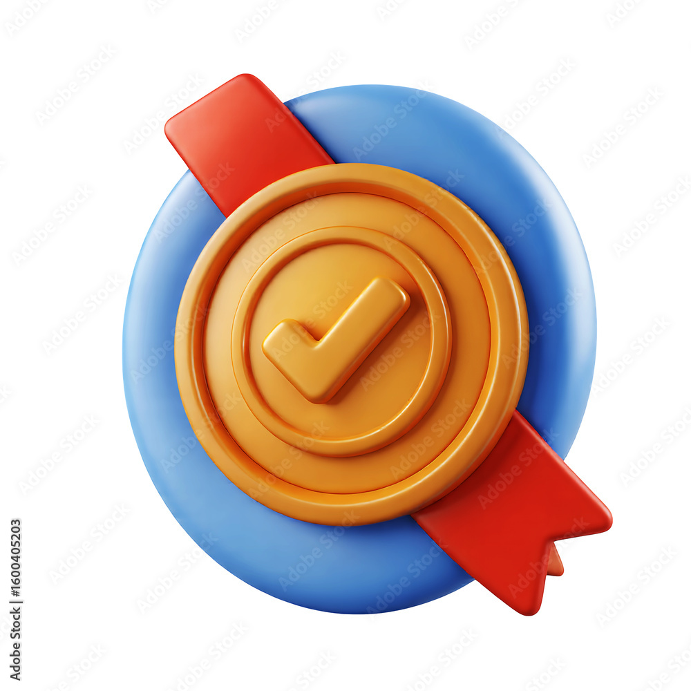 Poster a golden coin with a checkmark on a blue badge with a red ribbon on transparent background
