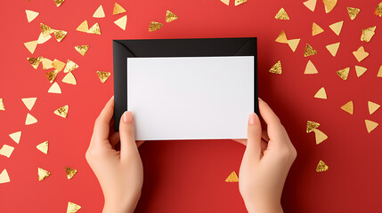 Festive Greeting: Hands holding a blank card & envelope on a red background with scattered gold confetti triangles, perfect for holiday message.