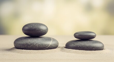 Two balanced stacks of smooth grey stones sit on fine sand with a soft blurred background representing tranquility and calm