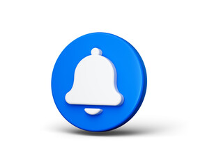 3D Blue and White bell button icon for notifications and updates. 3d illustration